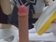 M男向け！？女装した男の娘が上履きと白ハイソックスで足コキしてみた！