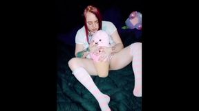 Silly girl humps her stuffed animal and feeds it cum