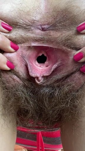 Hairy pussy teasing and gaping