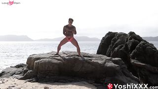 Naughty Japanese Yoshi Kawasaki tugs his cock and cums on the beach