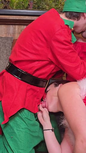 Bisex Threesome Stepmother Christmas Trains Her Elf to Fuck Santa