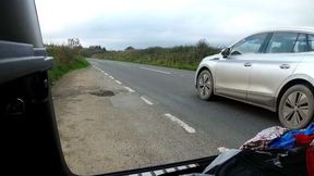 Parked at side of road and changing into cross dress, a little windy !!