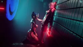 Sex between alt girls in a cyberpunk world in the nightclub bathroom