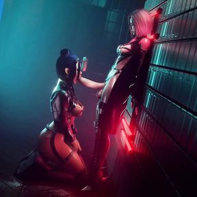 Sex between alt girls in a cyberpunk world in the nightclub bathroom