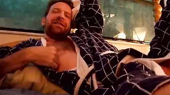 Hairy bear daddy in blue checked bathrobe strips and jerks