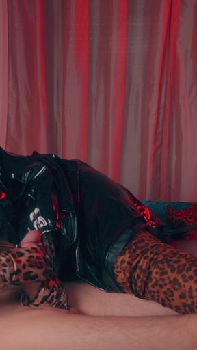 Dominant Handjob Edging Ruined, Wearing Long Leather Gloves -milf in Black Pvc Raincoat Leopard Thigh High Boots Controls, CFNM