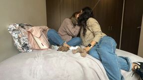 The neighbor shows me how to try the veiled stockings that I bought to wear with my husband