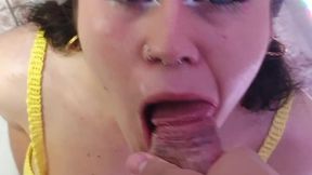 Latin babe gives sloppy amateur blowjob and swallows his load at home