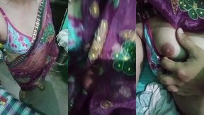 indian trans woman gaurisissy showing her full body and pressing and playing with her big boobs in pink saree