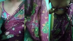 indian trans woman gaurisissy showing her full body and pressing and playing with her big boobs in pink saree