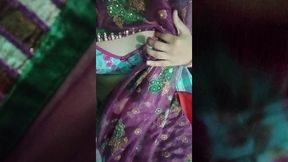 indian trans woman gaurisissy showing her full body and pressing and playing with her big boobs in pink saree