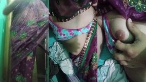 indian trans woman gaurisissy showing her full body and pressing and playing with her big boobs in pink saree