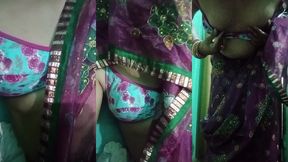 indian trans woman gaurisissy showing her full body and pressing and playing with her big boobs in pink saree