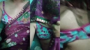 indian trans woman gaurisissy showing her full body and pressing and playing with her big boobs in pink saree
