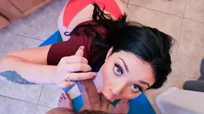 Blue-eyed woman with long dark hair gives an incredible sloppy blowjob and rimjob combo
