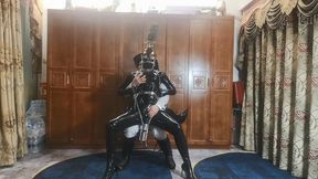 Ponyplay and ride on latex ponygirl and put her in body shackles and use sex toy until she climaxes #Latex012