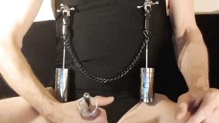 Kinky peehole fucking slut stretching nipples with weights