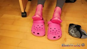 Sock Removal &amp; Clog Shoeplay Under the Desk - Grey Leggings, Pink Clogs &amp; Nylons