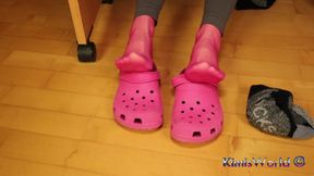 Sock Removal &amp; Clog Shoeplay Under the Desk - Grey Leggings, Pink Clogs &amp; Nylons