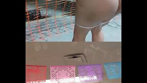 Dual cam: Exhibitionist sissy in thong getting her bottom naked in the street