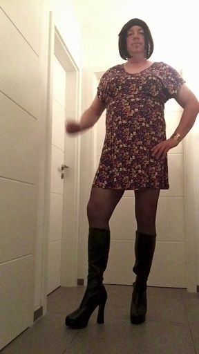 Nicki-Crossdress Summer-Dress, Stockings, High-Heel-Boots