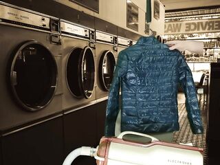 Vacuuming Girlfriend's Emoi Blue Down Jacket with Vintage Electrolux