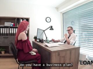 LOAN4K. Little redhead wench with large boobs jumped on a rod in the office