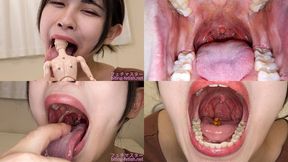 Miyu Morioka - Showing inside cute girl's mouth, chewing gummy candys, sucking fingers, licking and sucking human doll, and chewing dried sardines mout-174