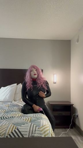Sissy slut in zentai catsuit uses her vibrator