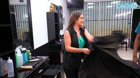 hairdresser pulls out client’s bbc and strokes it till he cums on her bush
