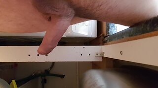 Washing the dishes naked. Floppy precum dick wobble