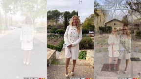 exhibant ma petite chatte sous mon manteau blanc