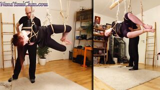 Shibari women into side suspension; crotch rope, spanking and bastinado fun