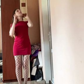 Amy Takes off Red Dress and Fishnet Pantyhose