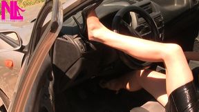 Revving dressed up all black and barefoot in black patent pumps