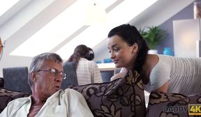 DADDY4K. Old and young lovers have spontaneous sex behind guys back