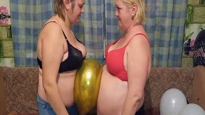 Two BBWs blow up balloons with their bellies WMV