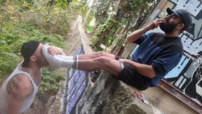 Ashtray, Piss &amp; Feet. Bearded Master Using Fellball