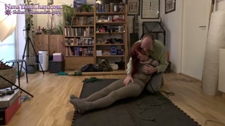 Girl in armbinder tie and crotch rope suspended and hogtied