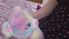 Cute curvy little riding her rainbow teddy stuffies face rubbing her clitty up and down teddys firm nose