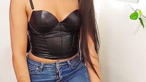 ”#longhair #brunette #blackleather #bluejeans #bodygoals #latinabody”