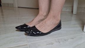 Toe wiggling in patent leather black ballet flats 8 V