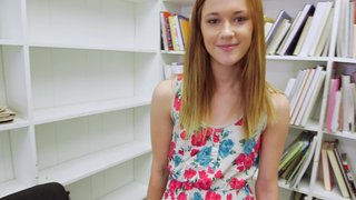 A sexy redhead with a fine ass is getting fucked in her shaved cunt