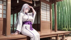 Silver-haired Miko Shrine Secrets! Half-unbuttoned White Kimono, Kneeling Poses and Intense Eye Contact.