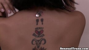 Inked trans babe rides masseur cock till cum