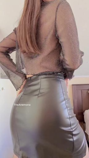 Leather skirt and black top