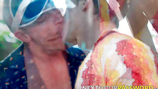 Jock Devin Franco rides the throbbing cock of top Derek Kage after some hot sucking a