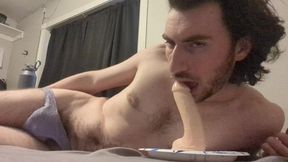 Bi-curious trampy stud INHALE DILDO for the first time