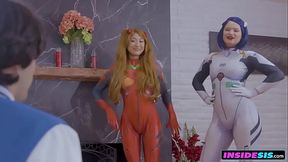 Sexy cosplay girls are looking for a way to go to CUMICON, luckily if you exchange their stepbrothers'_ cocks they can complete their journey.