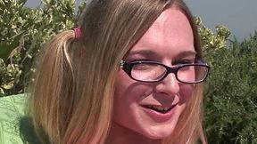 Four eyed slutty shemale blondie gets awesome blowjob